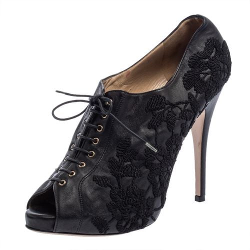 Leather Floral Embroidered Peep Toe Ankle Booties Size 40 - Valentino - Modalova