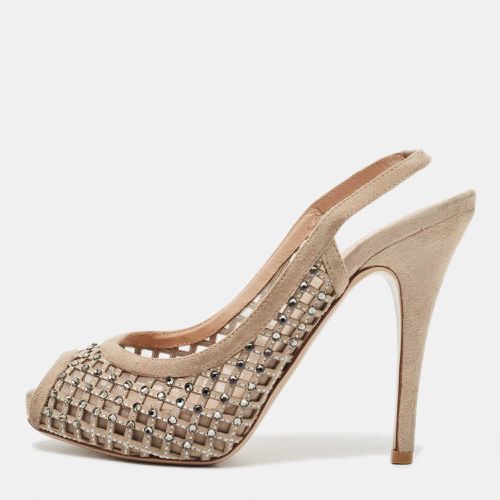 Crystal Embellished Suede and Mesh Peep Toe Slingback Pumps Size 36.5 - Valentino - Modalova