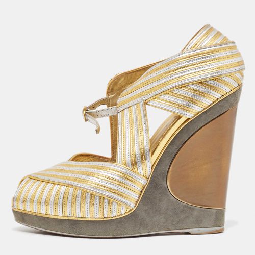 Gold/Silver Leather and Suede Peep Toe Wedge Pumps 37.5 - Yves Saint Laurent - Modalova