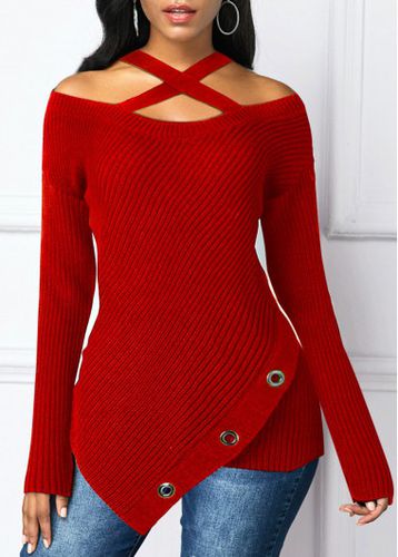 Asymmetric Hem Cross Strap Cold Shoulder Sweater - unsigned - Modalova