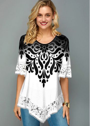Asymmetric Hem Lace Trim Printed T Shirt - unsigned - Modalova
