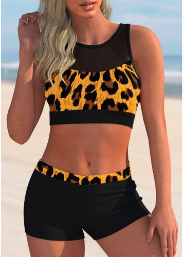 Mesh Stitching Leopard Mid Waist Bikini Set - unsigned - Modalova