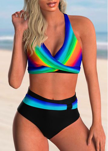 Rainbow Color Cross Front High Waisted Bikini Set - unsigned - Modalova