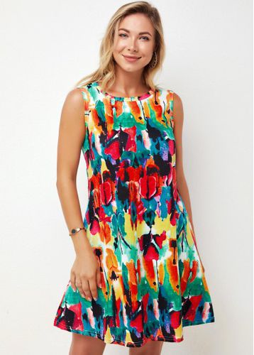 Round Neck Printed Multi Color A Line Dress - unsigned - Modalova
