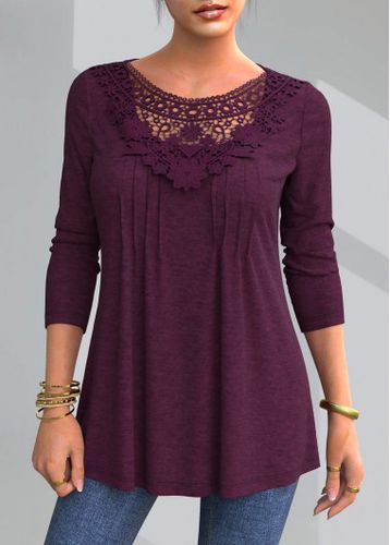Lace Patchwork Solid Round Neck T Shirt - unsigned - Modalova