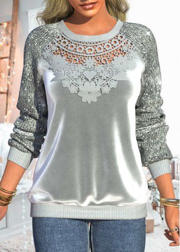 Sequin Lace Velvet Stitching Round Neck Grey Sweatshirt - unsigned - Modalova