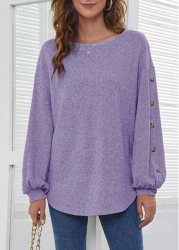 Decorative Button Long Sleeve Purple T Shirt - unsigned - Modalova