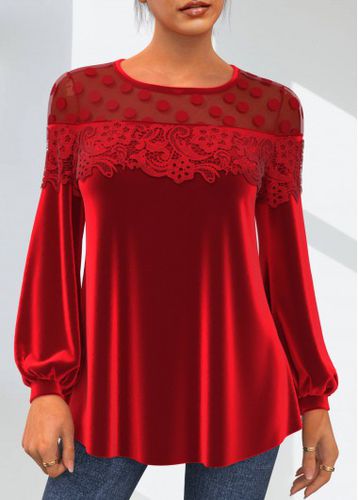 Valentines Lace Velvet Stitching Round Neck Red T Shirt - unsigned - Modalova