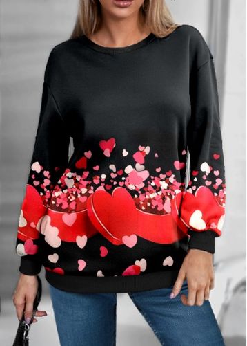 Valentines Heart Print Black Round Neck Sweatshirt - unsigned - Modalova