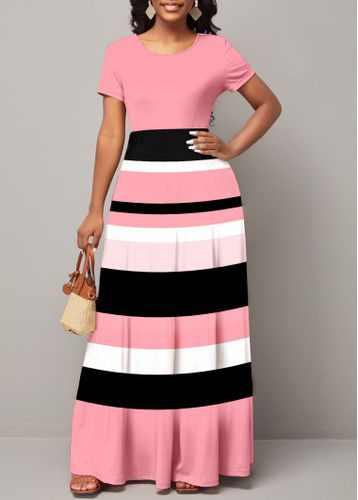 Striped Pink Short Sleeve Round Neck Maxi Dress - unsigned - Modalova