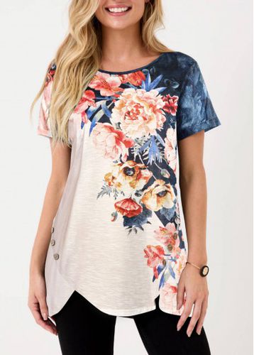 Asymmetric Hem Floral Print Multi Color T Shirt - unsigned - Modalova