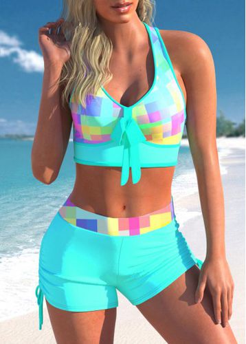 Rainbow Color Plaid Bowknot Cross Strap Bikini Set - unsigned - Modalova