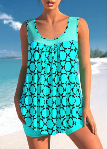 Geometric Print Cyan Fishnet Panel Tankini Top - unsigned - Modalova