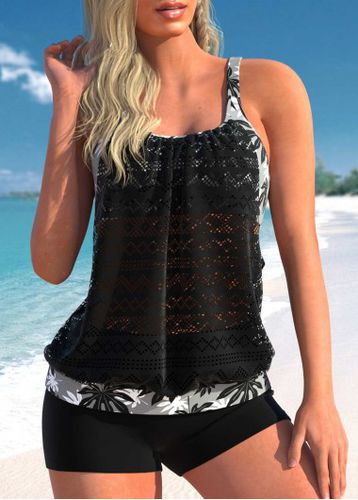 Leaf Print Black Lace Stitching Tankini Set - unsigned - Modalova