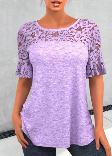 Purple Lace Patchwork Round Neck T Shirt - unsigned - Modalova