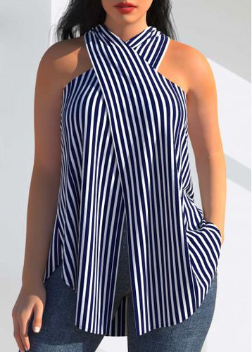 Striped Cross Front Halter Navy Blue Tank Top - unsigned - Modalova