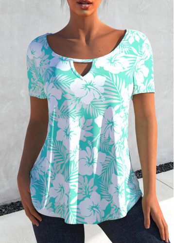 Cyan Keyhole Neckline Floral Print T Shirt - unsigned - Modalova