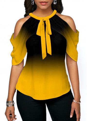 Tie Front Halter Cold Shoulder Yellow Blouse - unsigned - Modalova