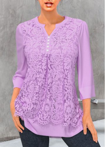 Light Purple Lace Stitching Split Neck Blouse - unsigned - Modalova