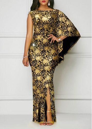 Golden Hot Stamping Floral Print Side Slit Dress - unsigned - Modalova