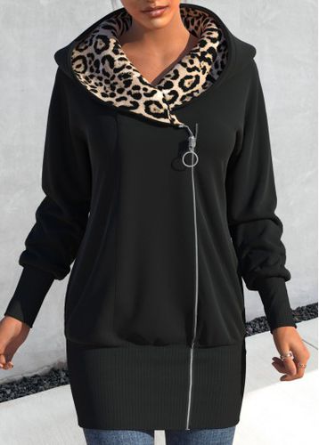Black Zipper Leopard Long Sleeve Hooded Coat - unsigned - Modalova