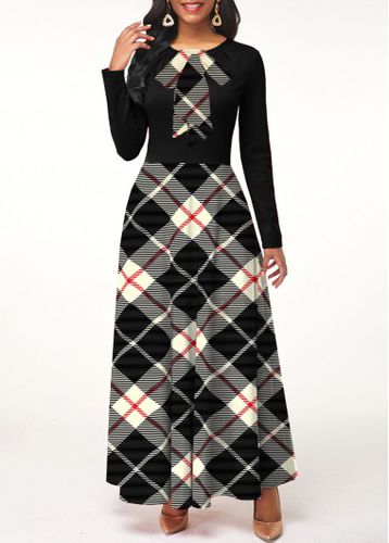 Black Plaid Long Sleeve Round Neck Maxi Dress - unsigned - Modalova