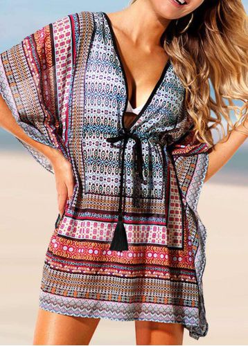 Tribal Print Tie Front 3/4 Sleeve Cover Up Dress - unsigned - Modalova