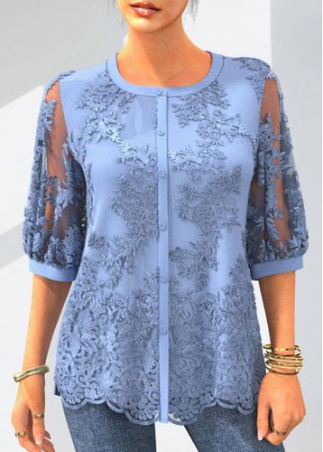 Embroidered Light Blue 3/4 Sleeve Button Up Blouse - unsigned - Modalova