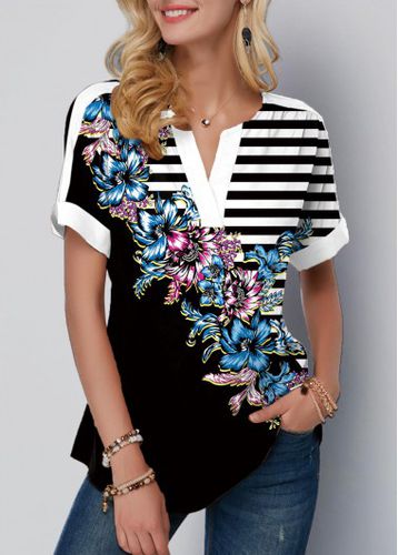 Striped Floral Print Split Neck Black T Shirt - unsigned - Modalova