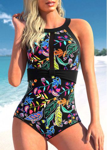 Floral Print Cutout Back Black One Piece Swimwear - unsigned - Modalova