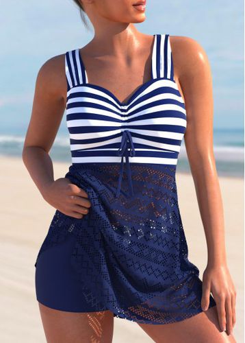 Lace Patchwork Navy Blue Nautical Striped Swimdress and Shorts - unsigned - Modalova