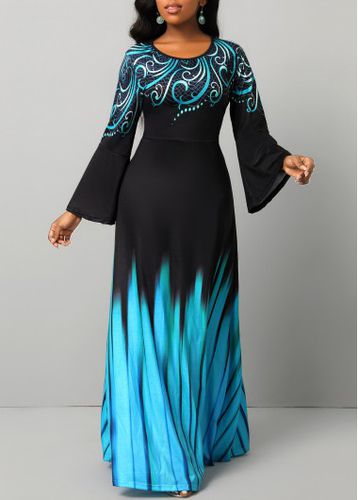 Blue Breathable Tribal Print Long Sleeve Maxi Dress - unsigned - Modalova