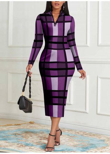 Purple Zipper Plaid Long Sleeve Bodycon Dress - unsigned - Modalova