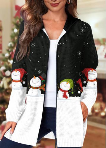 Black Pocket Christmas Snowman Print Long Sleeve Hooded Coat - unsigned - Modalova