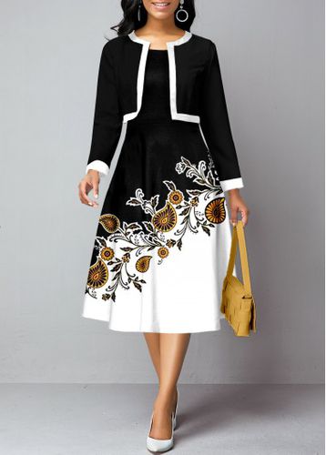 Black Long Sleeve Cardigan and Paisley Print Dress - unsigned - Modalova