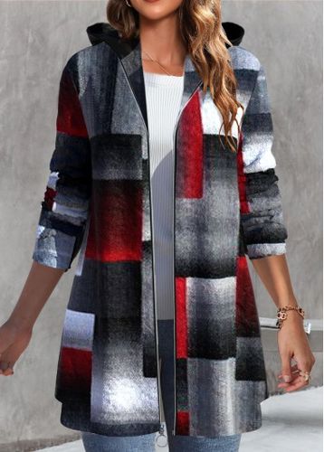 Black Zipper Geometric Print Long Sleeve Hooded Coat - unsigned - Modalova