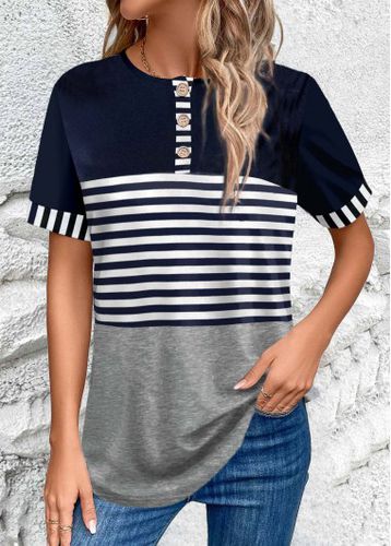 Navy Button Striped Short Sleeve T Shirt - unsigned - Modalova