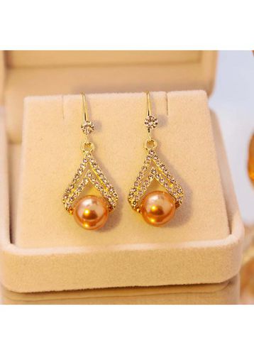 Gold Pearl Rhinestone Design Geometric Earrings - unsigned - Modalova