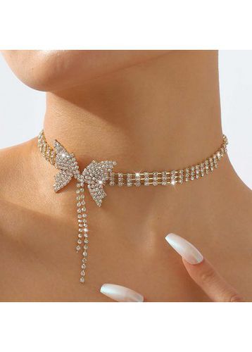 Gold Butterfly Design Rhinestone Layered Necklace - unsigned - Modalova