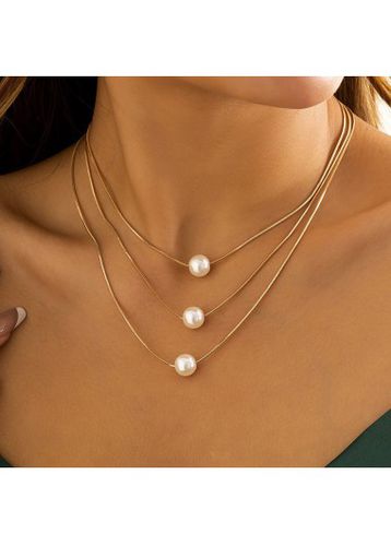 Gold Layered Design Pearl Detail Necklace Set - unsigned - Modalova