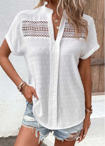 White Patchwork Short Sleeve Split Neck Blouse - unsigned - Modalova