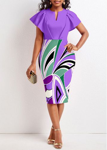 Purple Ruffle Geometric Print Short Sleeve Bodycon Dress - unsigned - Modalova