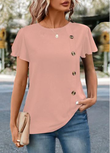 Pink Button Short Sleeve Round Neck T Shirt - unsigned - Modalova