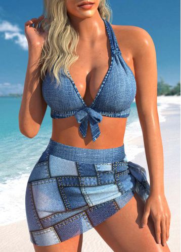 Lace Up High Waisted Denim Blue Bikini Set - unsigned - Modalova