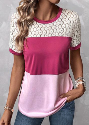 Pink Patchwork Short Sleeve Round Neck T Shirt - unsigned - Modalova