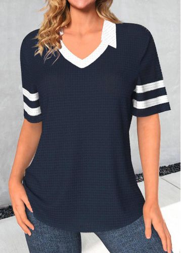 Navy Patchwork Short Sleeve Polo Collar T Shirt - unsigned - Modalova