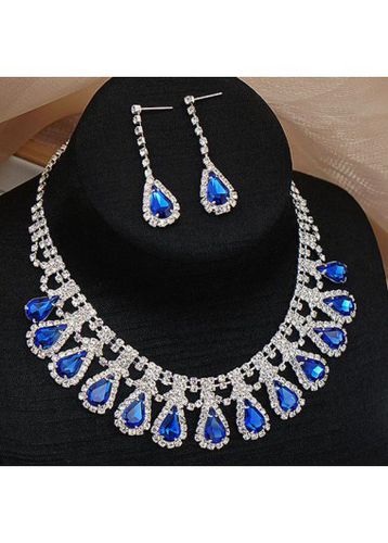 Royal Blue Crystal Waterdrop Rhinestone Earrings and Necklace - unsigned - Modalova