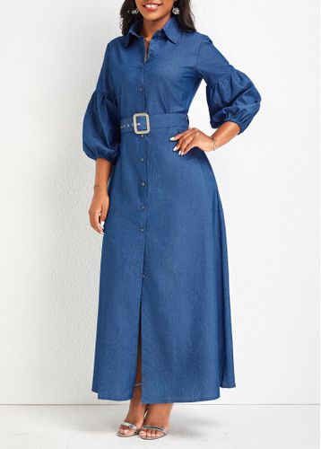 Denim Blue Button Belted Maxi Dress - unsigned - Modalova