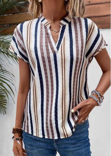 Multi Color Split Striped Short Sleeve Blouse - unsigned - Modalova