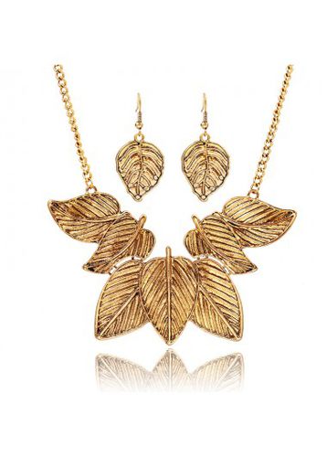Gold Leaf Design Necklace and Earrings - unsigned - Modalova